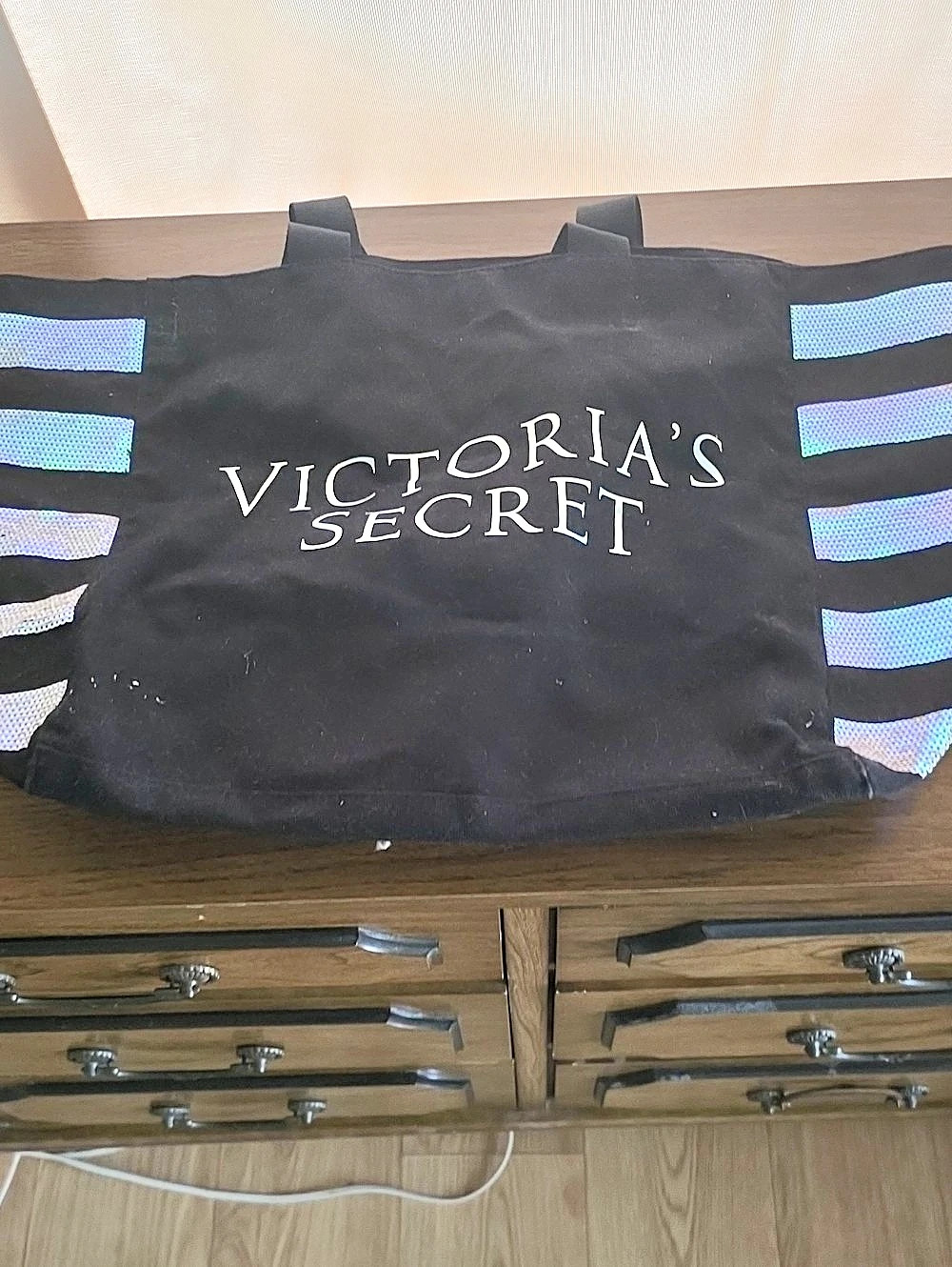 Victoria's Secret Black Sequin Stripe Logo Tote Bag